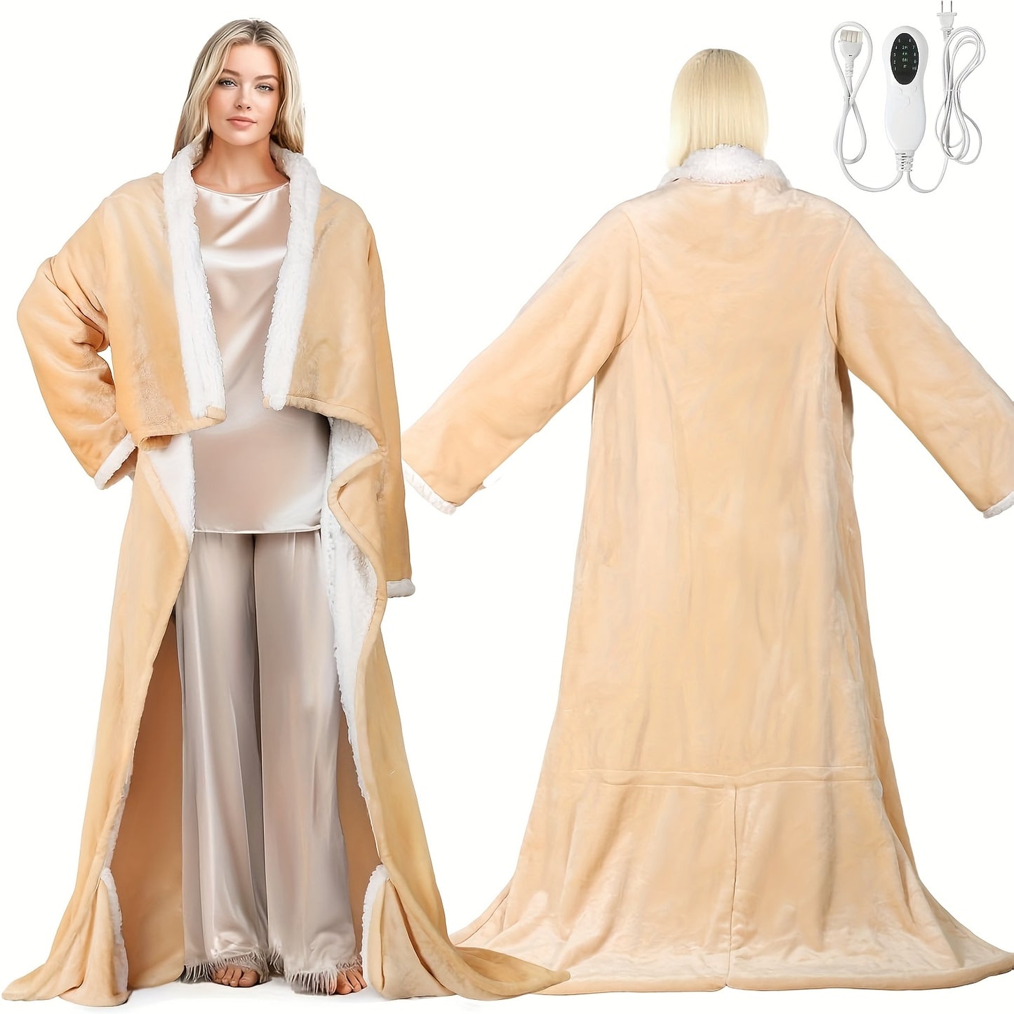 Electric Wearable Heated Blanket with Foot Pocket & Sleeves - 10 Heat Settings, 2-8H Auto Shut-Off, 50"x70"+18" All-Season Soft Flannel & Heated Throw Blanket for Bed, Sofa, Travel - Beige, Machine Washable, Plug-in (US Plug)