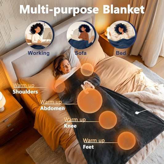 Electric Wearable Heated Blanket with Foot Pocket & Sleeves - 10 Heat Settings, 2-8H Auto Shut-Off, 50"x70"+18" All-Season Soft Flannel & Heated Throw Blanket for Bed, Sofa, Travel - Beige, Machine Washable, Plug-in (US Plug)