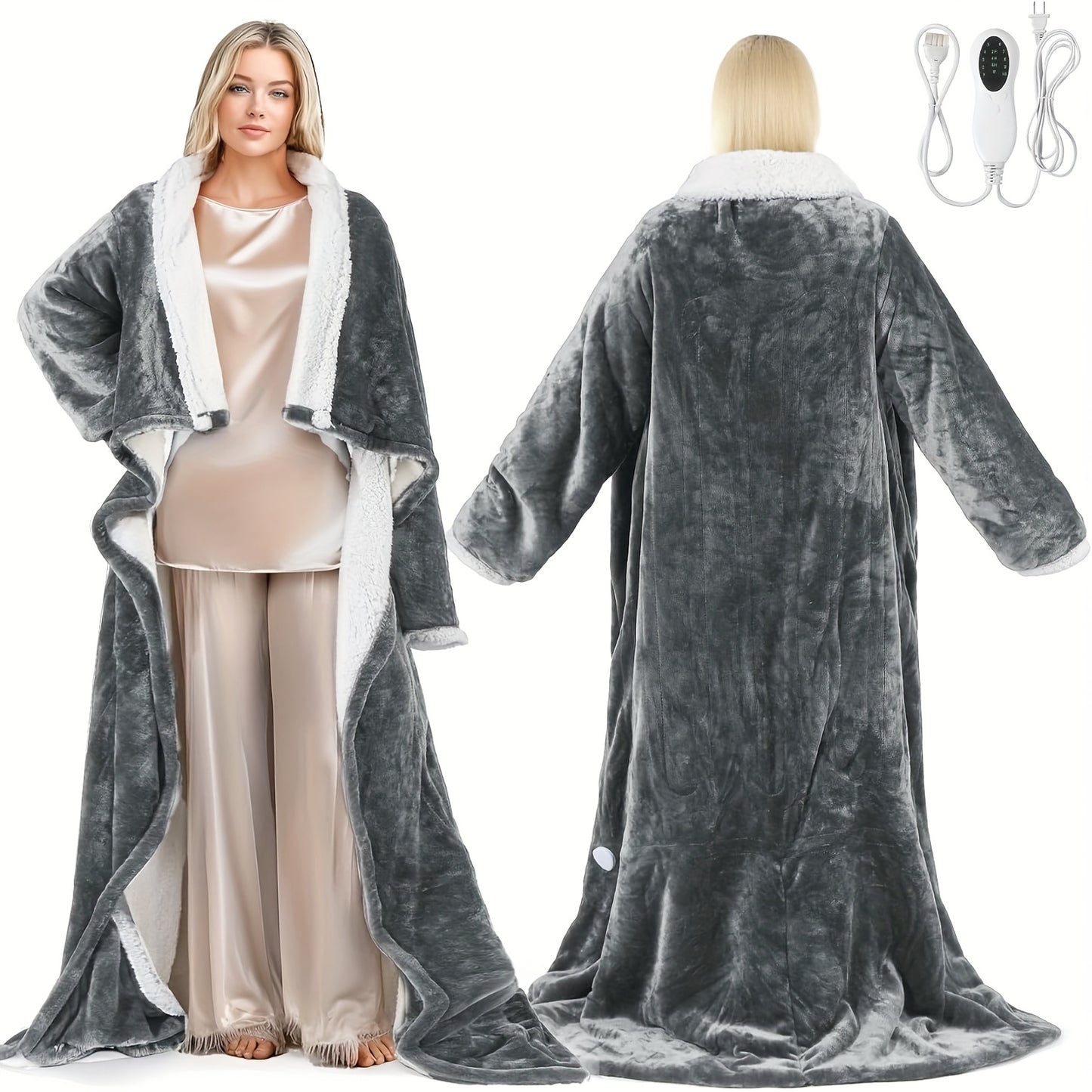 Electric Wearable Heated Blanket with Foot Pocket & Sleeves - 10 Heat Settings, 2-8H Auto Shut-Off, 50"x70"+18" All-Season Soft Flannel & Heated Throw Blanket for Bed, Sofa, Travel - Beige, Machine Washable, Plug-in (US Plug)