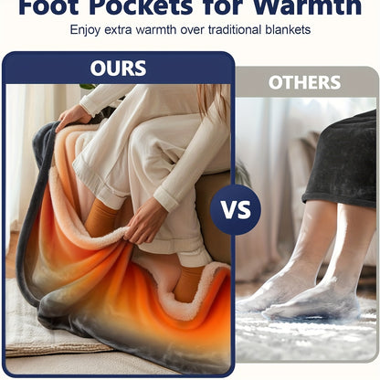 Electric Wearable Heated Blanket with Foot Pocket & Sleeves - 10 Heat Settings, 2-8H Auto Shut-Off, 50"x70"+18" All-Season Soft Flannel & Heated Throw Blanket for Bed, Sofa, Travel - Beige, Machine Washable, Plug-in (US Plug)