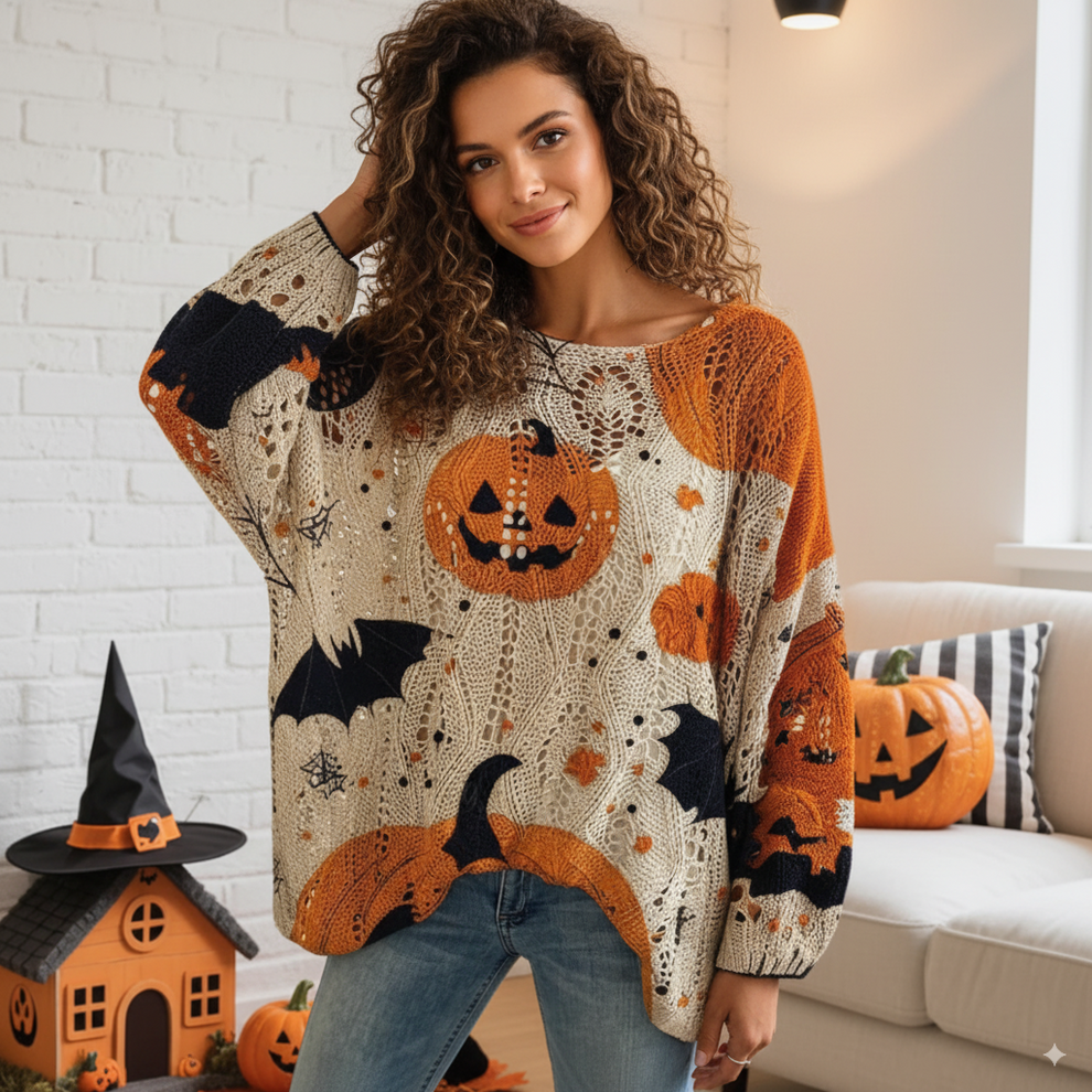 Women's Halloween Pumpkin Print Long Sleeve Knit Top