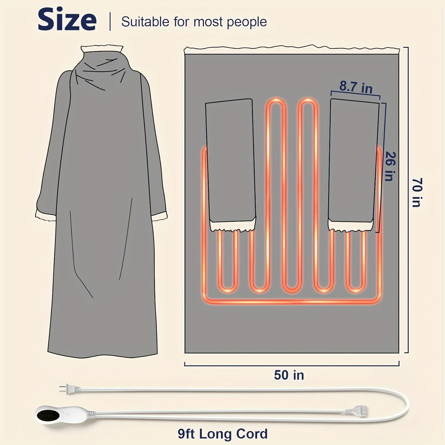 Electric Wearable Heated Blanket with Foot Pocket & Sleeves - 10 Heat Settings, 2-8H Auto Shut-Off, 50"x70"+18" All-Season Soft Flannel & Heated Throw Blanket for Bed, Sofa, Travel - Beige, Machine Washable, Plug-in (US Plug)