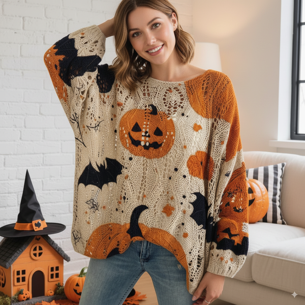 Women's Halloween Pumpkin Print Long Sleeve Knit Top