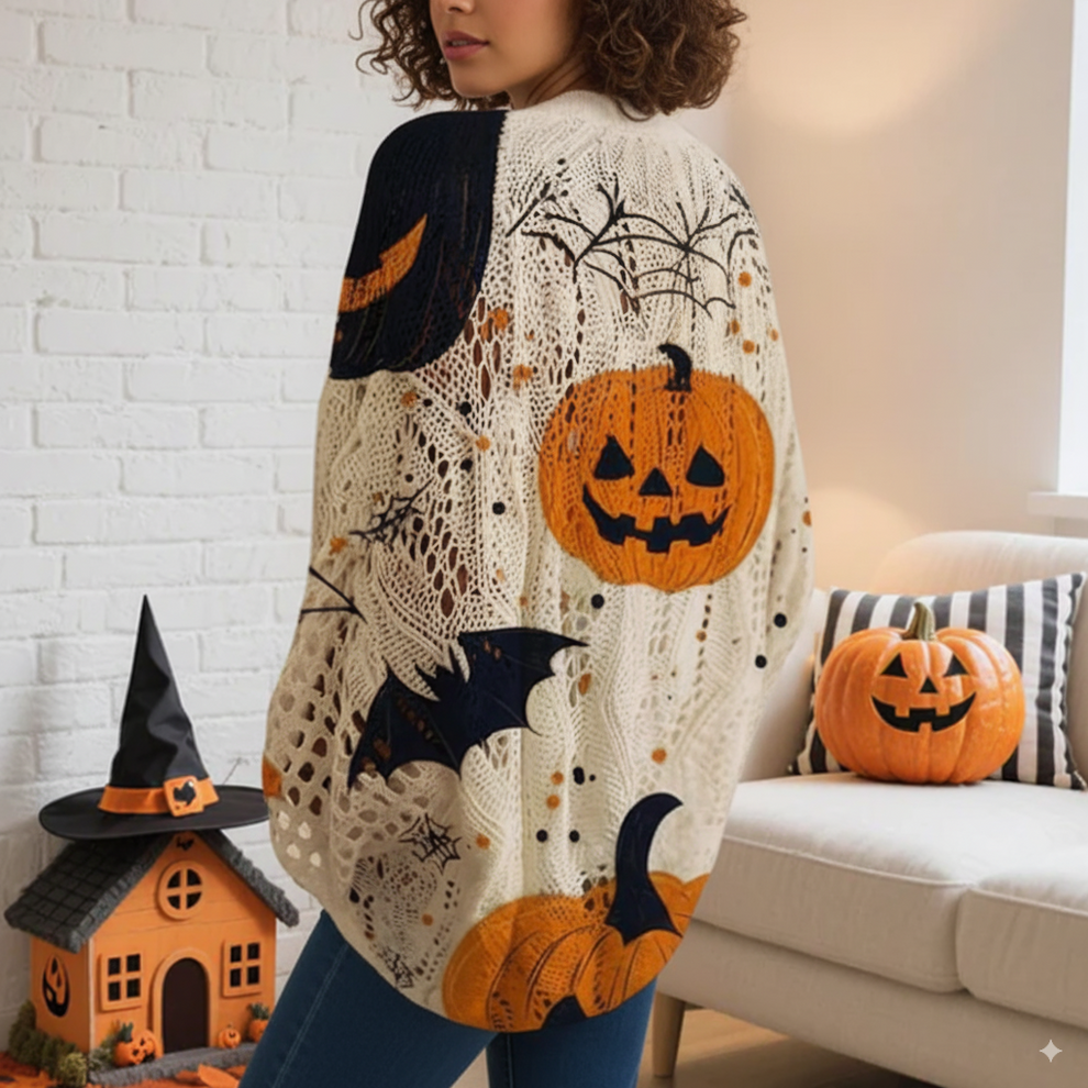Women's Halloween Pumpkin Print Long Sleeve Knit Top