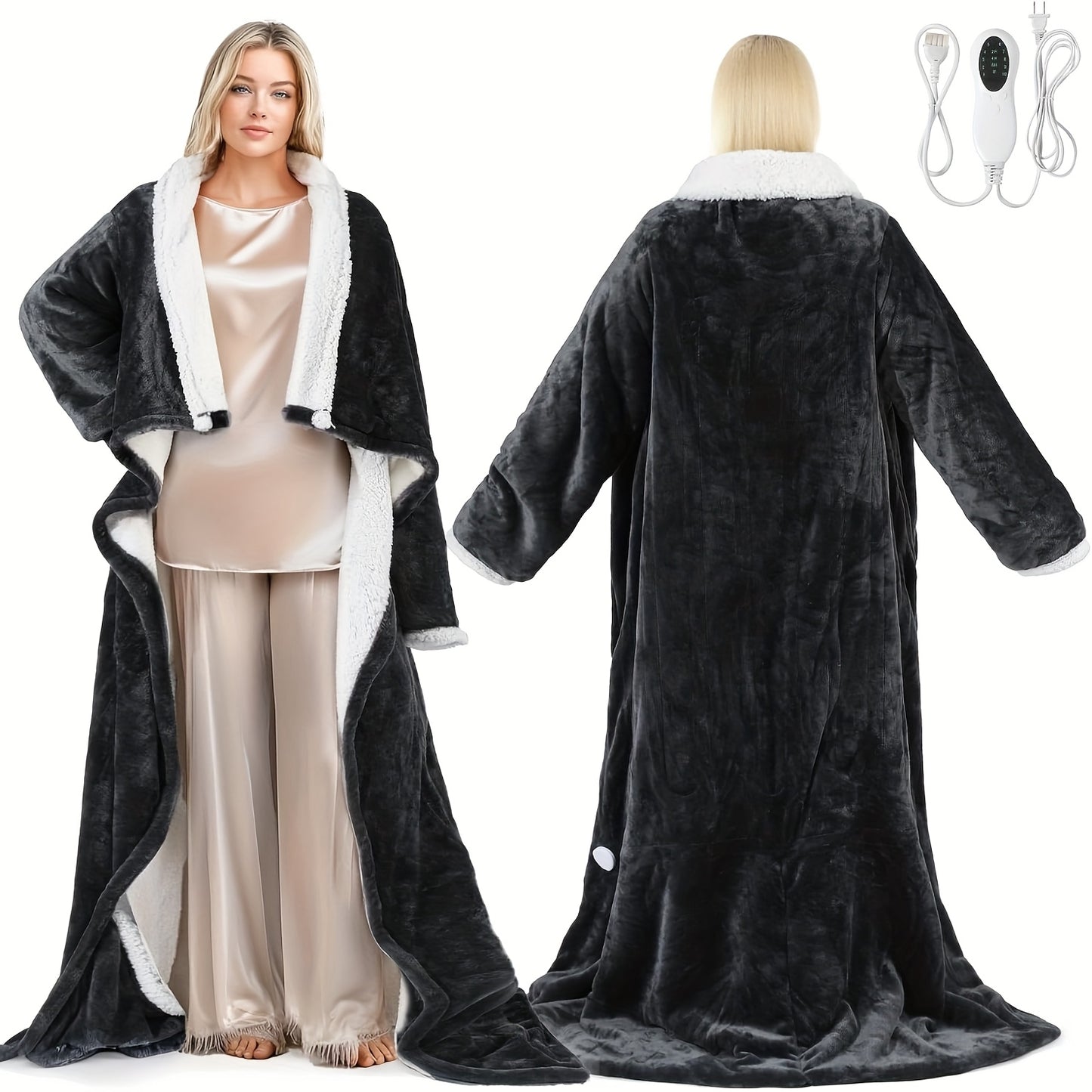 Electric Wearable Heated Blanket with Foot Pocket & Sleeves - 10 Heat Settings, 2-8H Auto Shut-Off, 50"x70"+18" All-Season Soft Flannel & Heated Throw Blanket for Bed, Sofa, Travel - Beige, Machine Washable, Plug-in (US Plug)