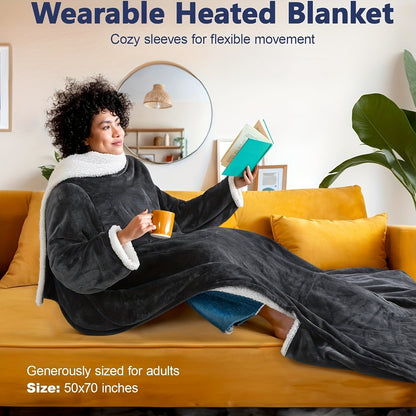 Electric Wearable Heated Blanket with Foot Pocket & Sleeves - 10 Heat Settings, 2-8H Auto Shut-Off, 50"x70"+18" All-Season Soft Flannel & Heated Throw Blanket for Bed, Sofa, Travel - Beige, Machine Washable, Plug-in (US Plug)