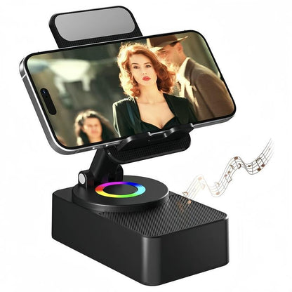 Versatile 5in1 Wireless Bluetooth Speaker with Phone Holder, Emergency Charger, and Colorful Ambient Light - Perfect Gift for Men and Women in Sleek Black